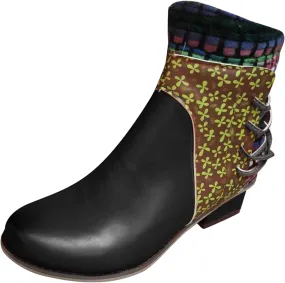 Vintage Ankle Boots for Women Leather Round Toe Back Lace Up Booties Side Zipper Chunky Block Low Heels Boots