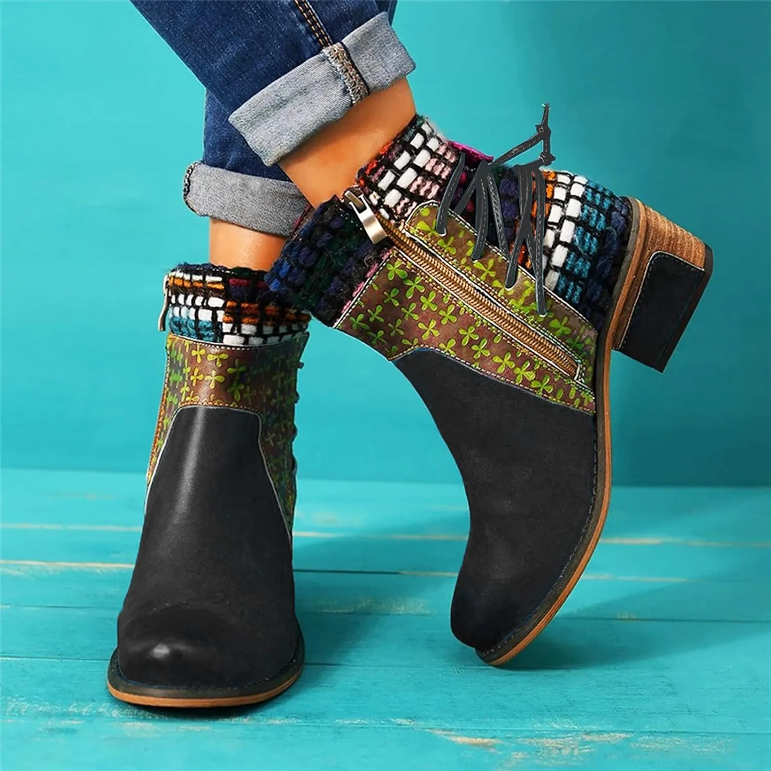 Vintage Ankle Boots for Women Leather Round Toe Back Lace Up Booties Side Zipper Chunky Block Low Heels Boots
