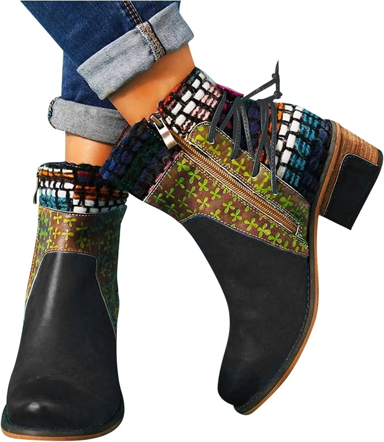Vintage Ankle Boots for Women Leather Round Toe Back Lace Up Booties Side Zipper Chunky Block Low Heels Boots