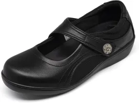 Women's Flat Mary Jane Shoes Black Leather Oxford Shoes for Women - Comfortable Slip-On Leather Loafers