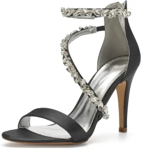 Women's Wedding Bridal Satin Heels Sandals Mid Heels Ankle Strap Crystal Zipper Back Formal Evening Prom Party Dress Shoes Pumps